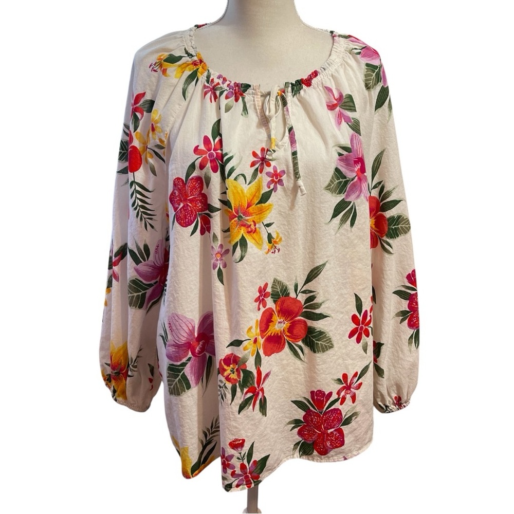 Old Navy Womens Tie Neck Blouse White Floral Size XXL Tropical Hawaiian Flowy